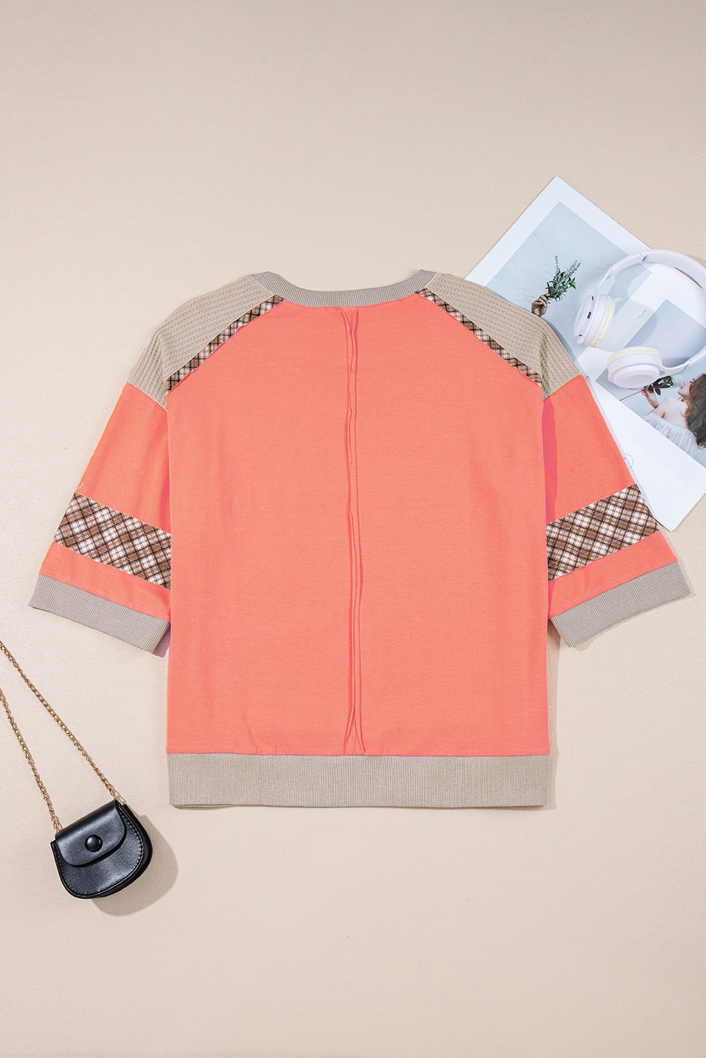 Grapefruit Orange Plaid Waffle Flower Patchwork Bracelet Sleeve Top