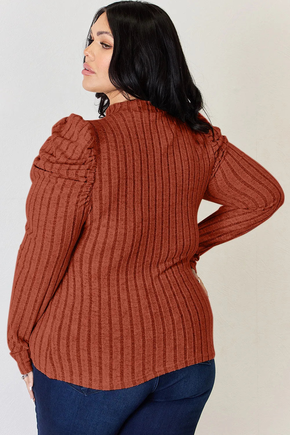 I am a Fashion junky Full Size Ribbed Mock Neck Puff Sleeve T-Shirt