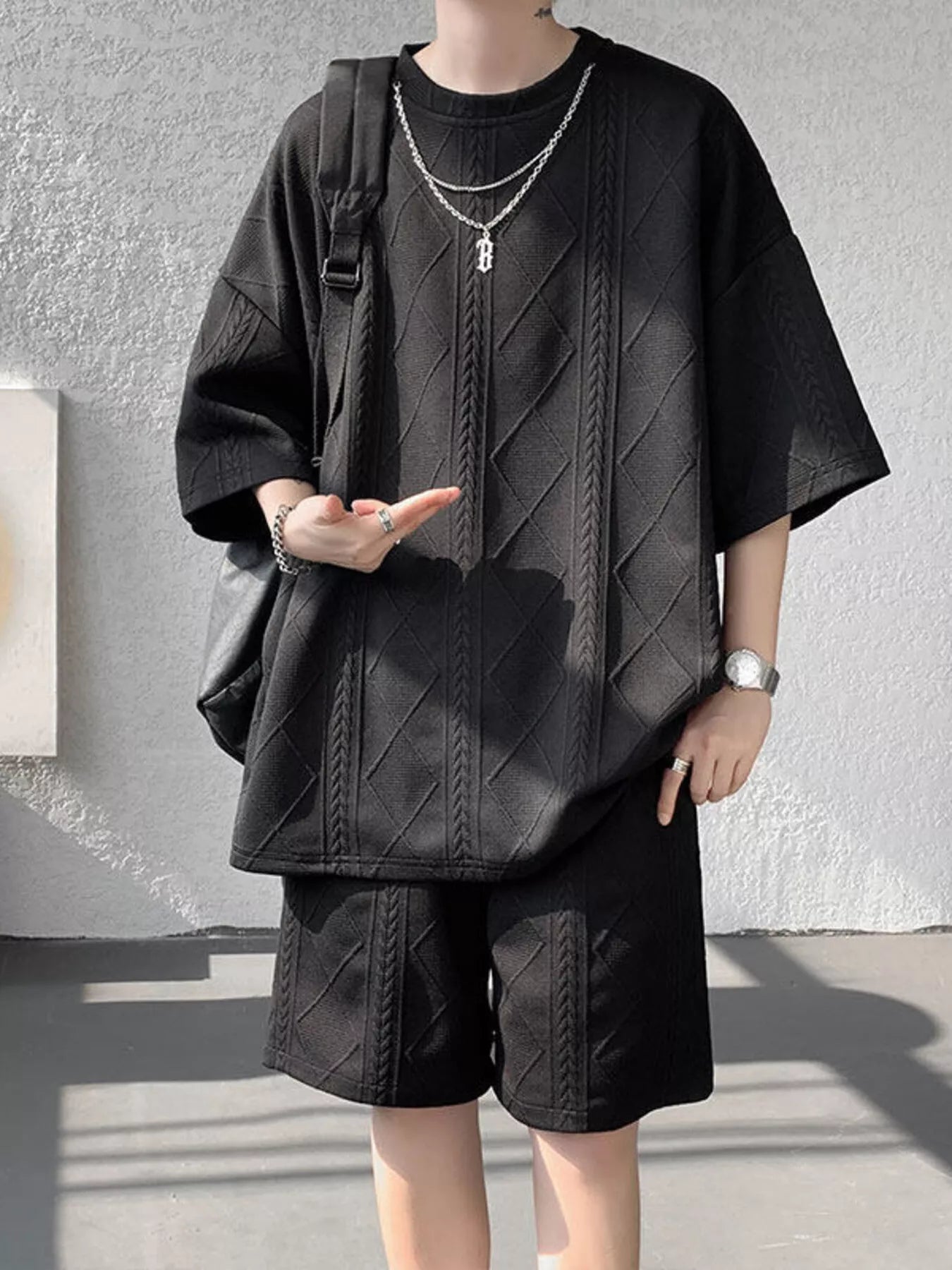 Men's Plus Size Textured Relaxed Fit Top and Shorts Set