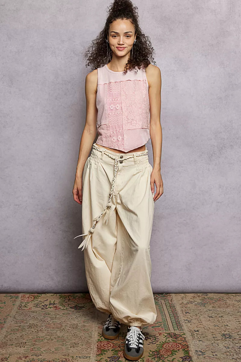 Ribbed Round Neck Cropped Tank with Lace Detail