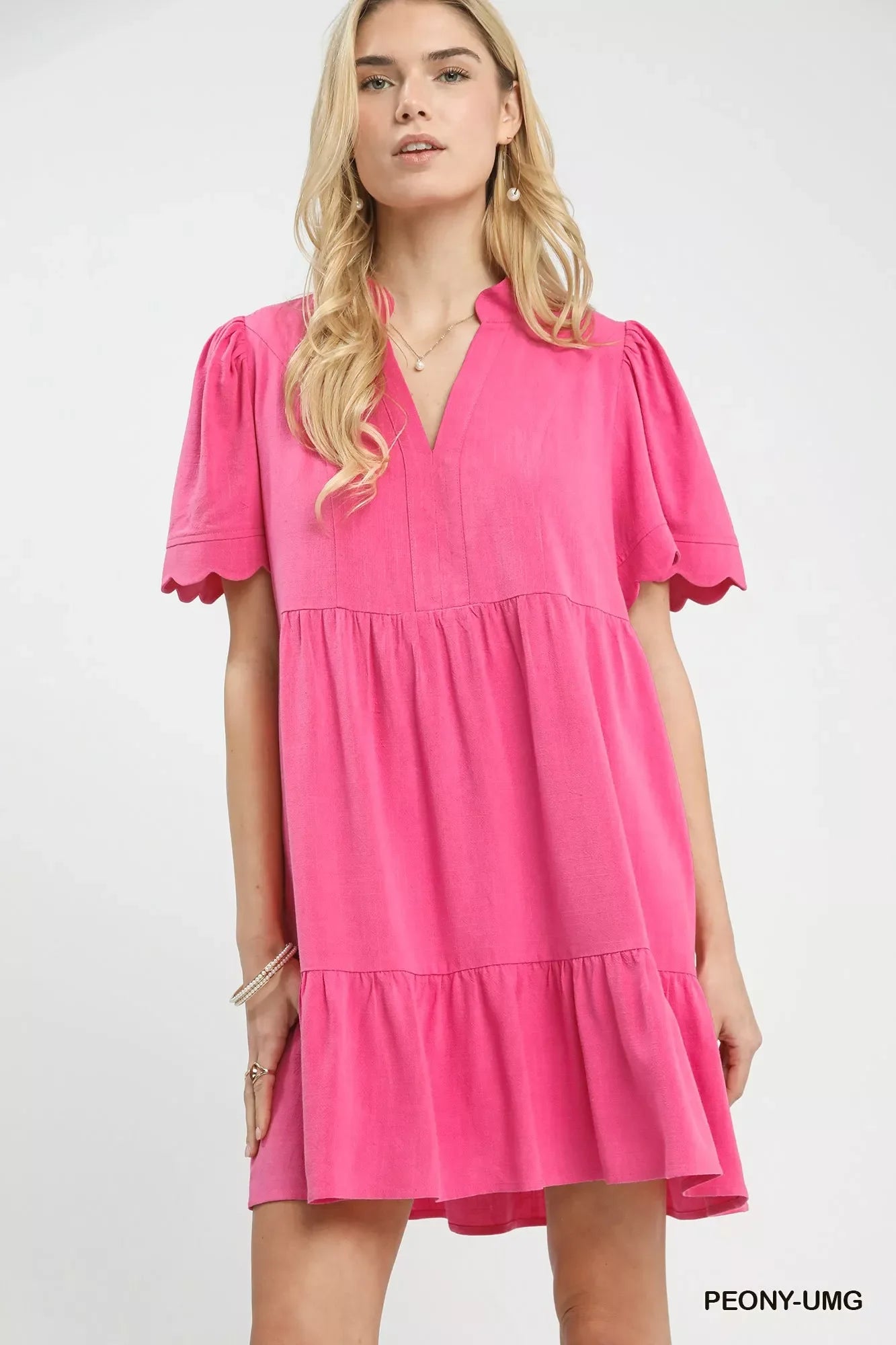 Linen Tiered Babydoll Dress with Scalloped Sleeves