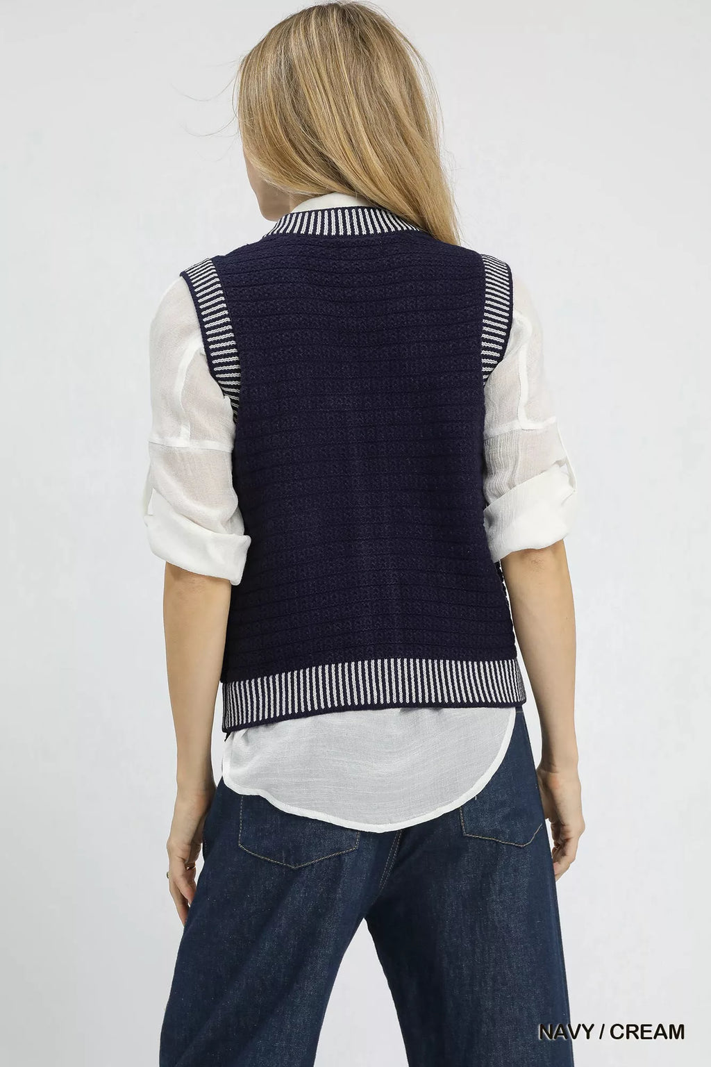 Contrast Striped Trim Button-Down Sweater Vest