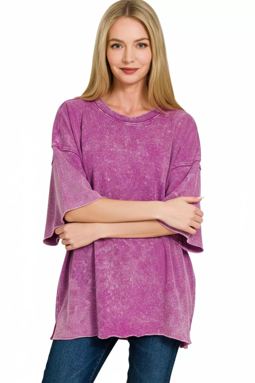 I am a Fashion junky Terry Washed Drop Shoulder Short Sleeve Top