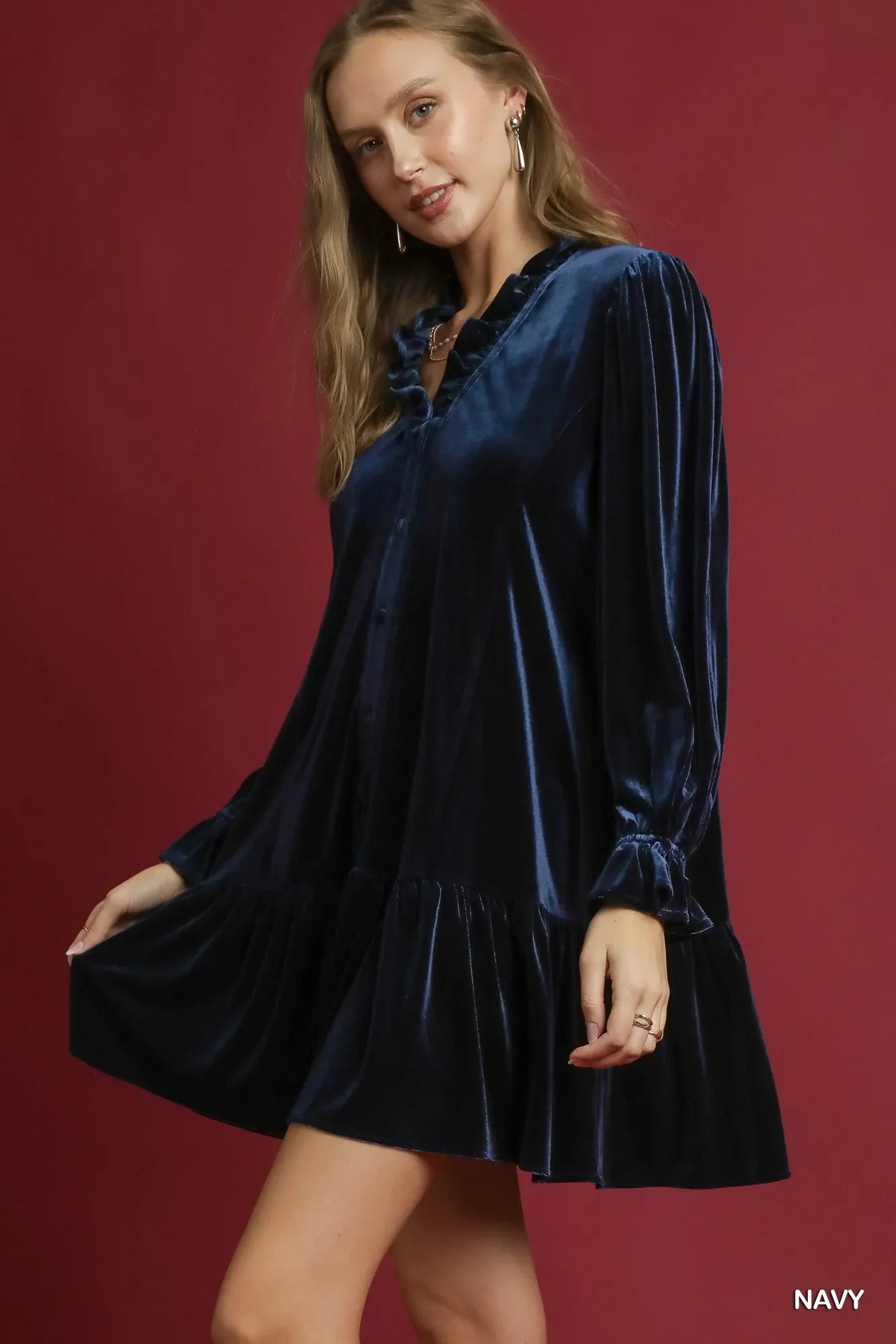 Velvet Ruffle Trim Mini Dress