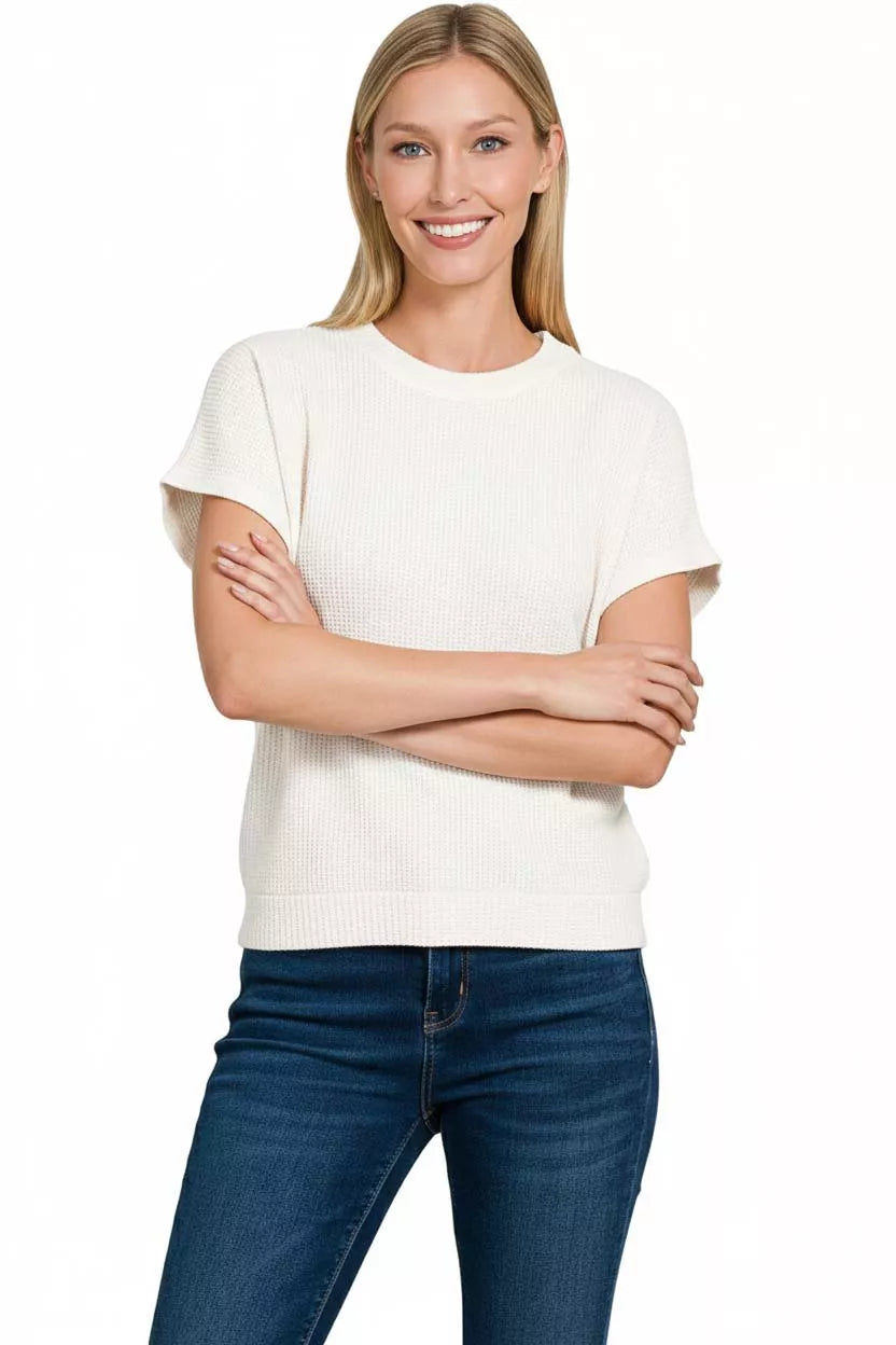 Round Neck Banded Botton Short Sleeve Sweater