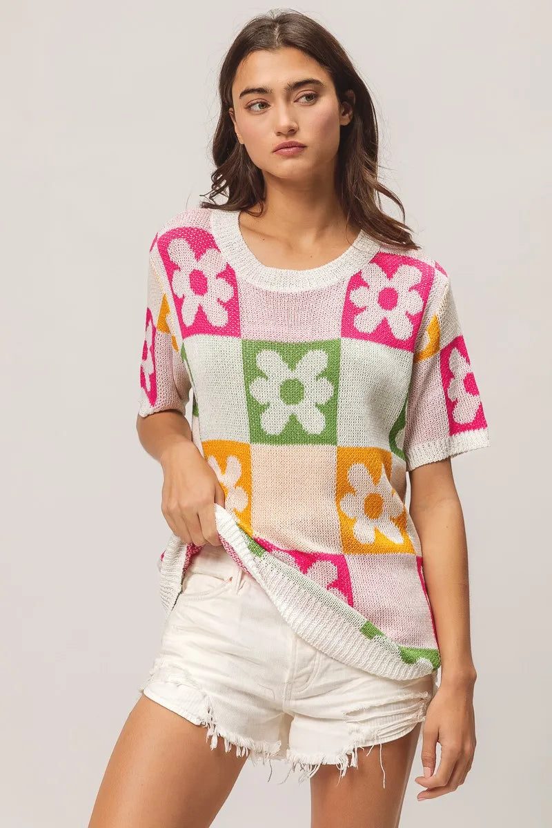 Flower Checker Pattern Lightweight Sweater Top
