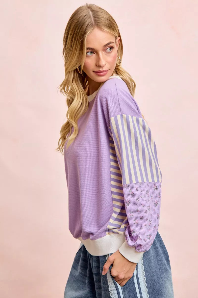 Mix and Match Sweatshirt with Floral Sleeve Striped
