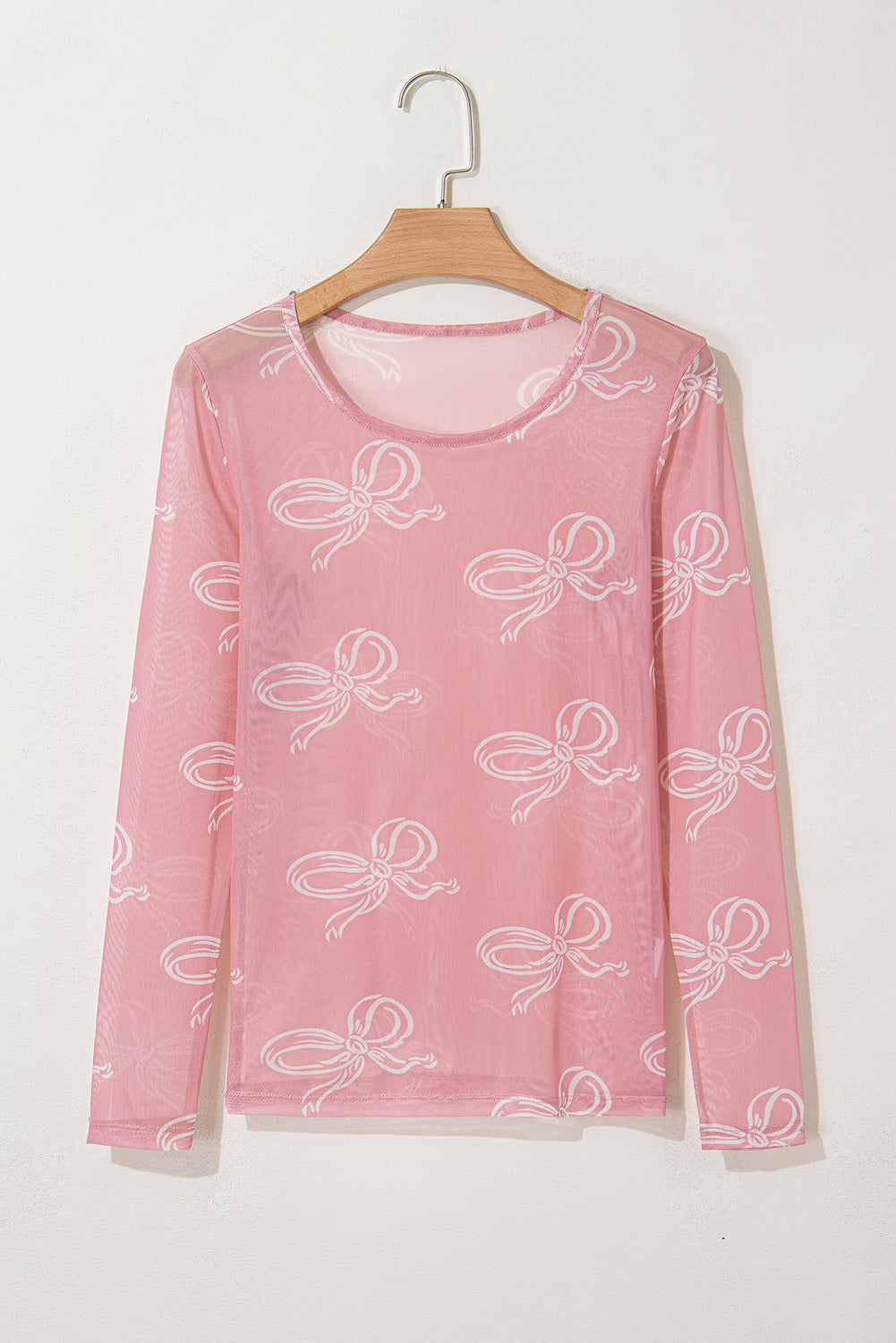 Black Bow Print Long Sleeve Mesh Top