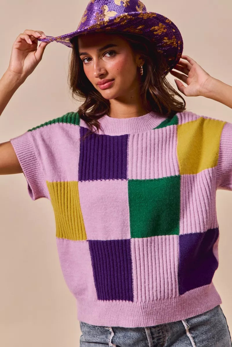 Mardi Gras Check Plaid Casual Sweater Top