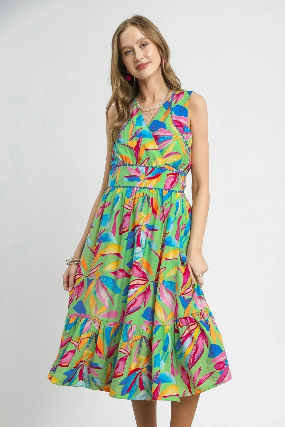 Ruffled Hem Printed Sleeveless Midi Dress