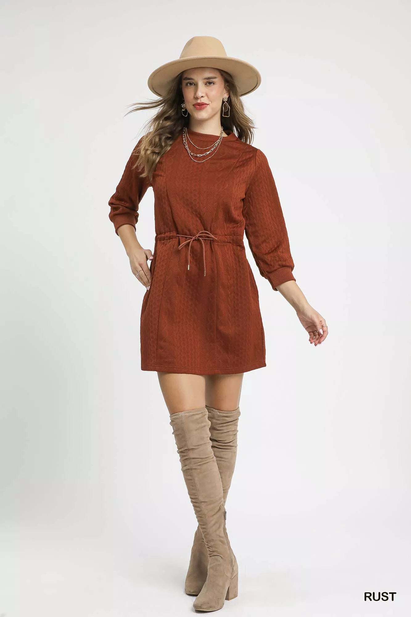 Drawstring Cable Knit Mini Dress with Pockets