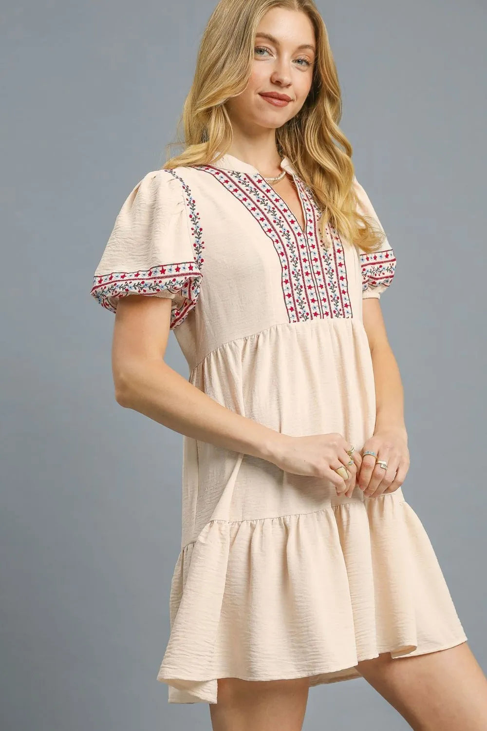 Floral Trim Puff Sleeve Mini Dress