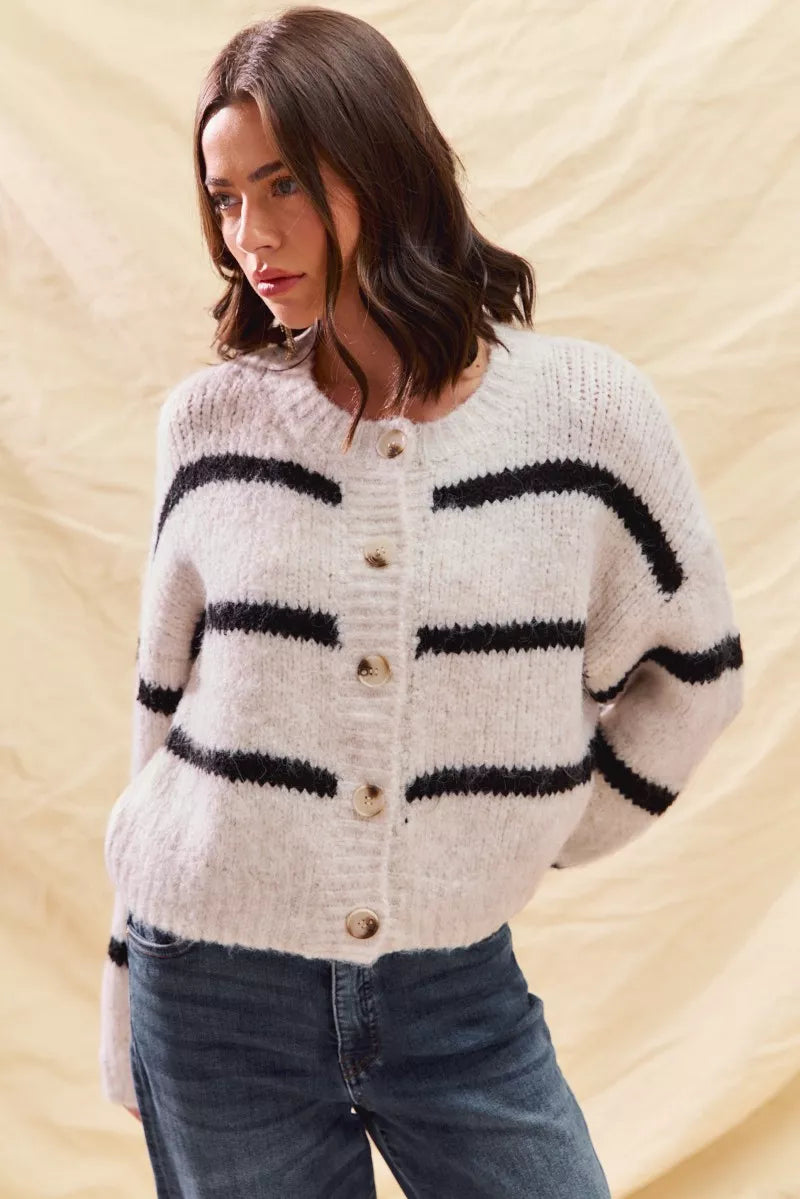 Stripe Soft Touch Button Cozy Sweater Cardigan