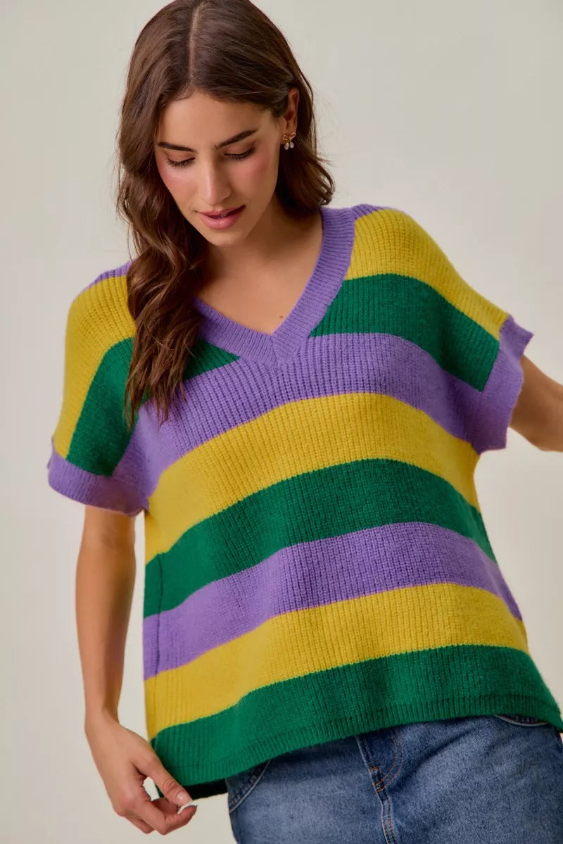 Mardi Gras Loose Fit V Neck Stripe Sweater Top