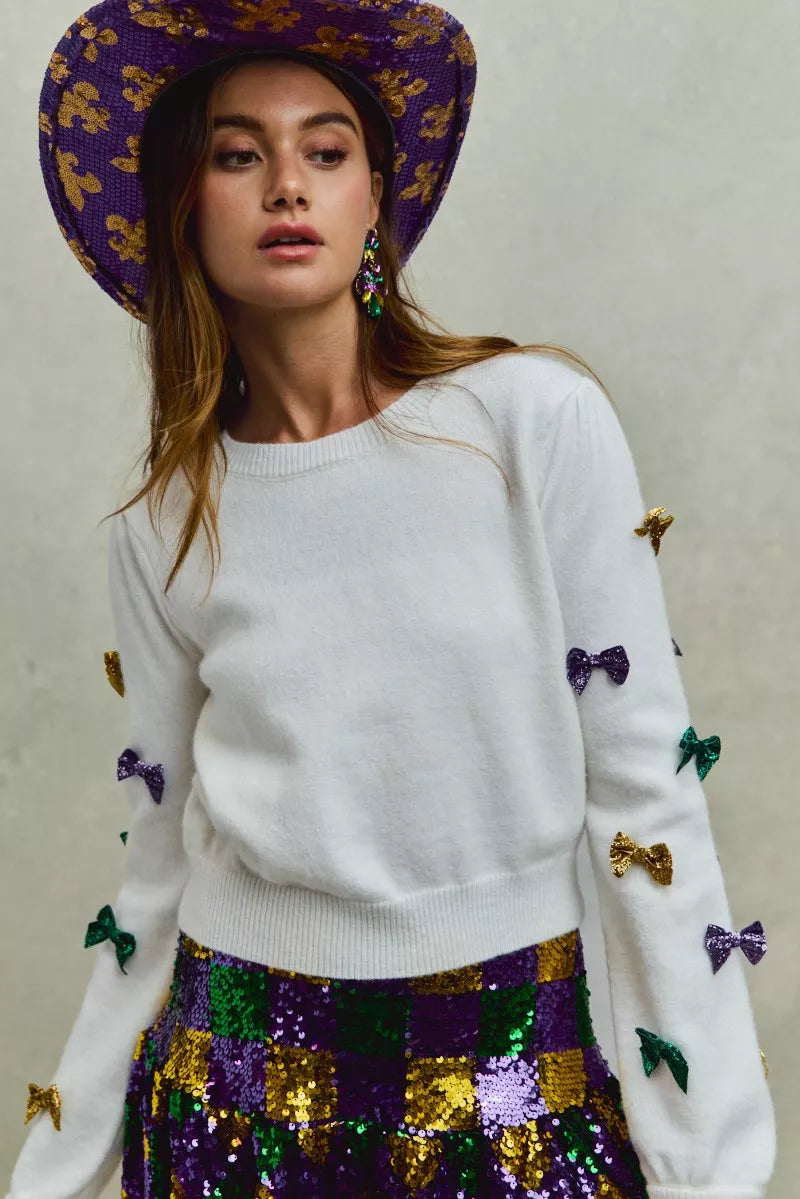 Mardi Gras Glitter Bow Ribbon Sweater Knit Top