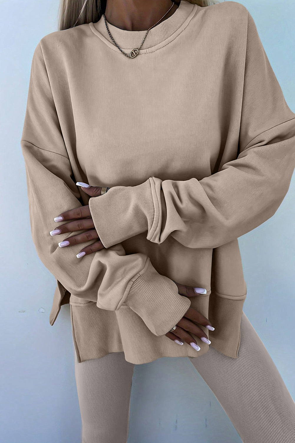 Jet Stream Solid Color Oversize Slit Sweatshirt Ribbed Leggings 2pcs Set