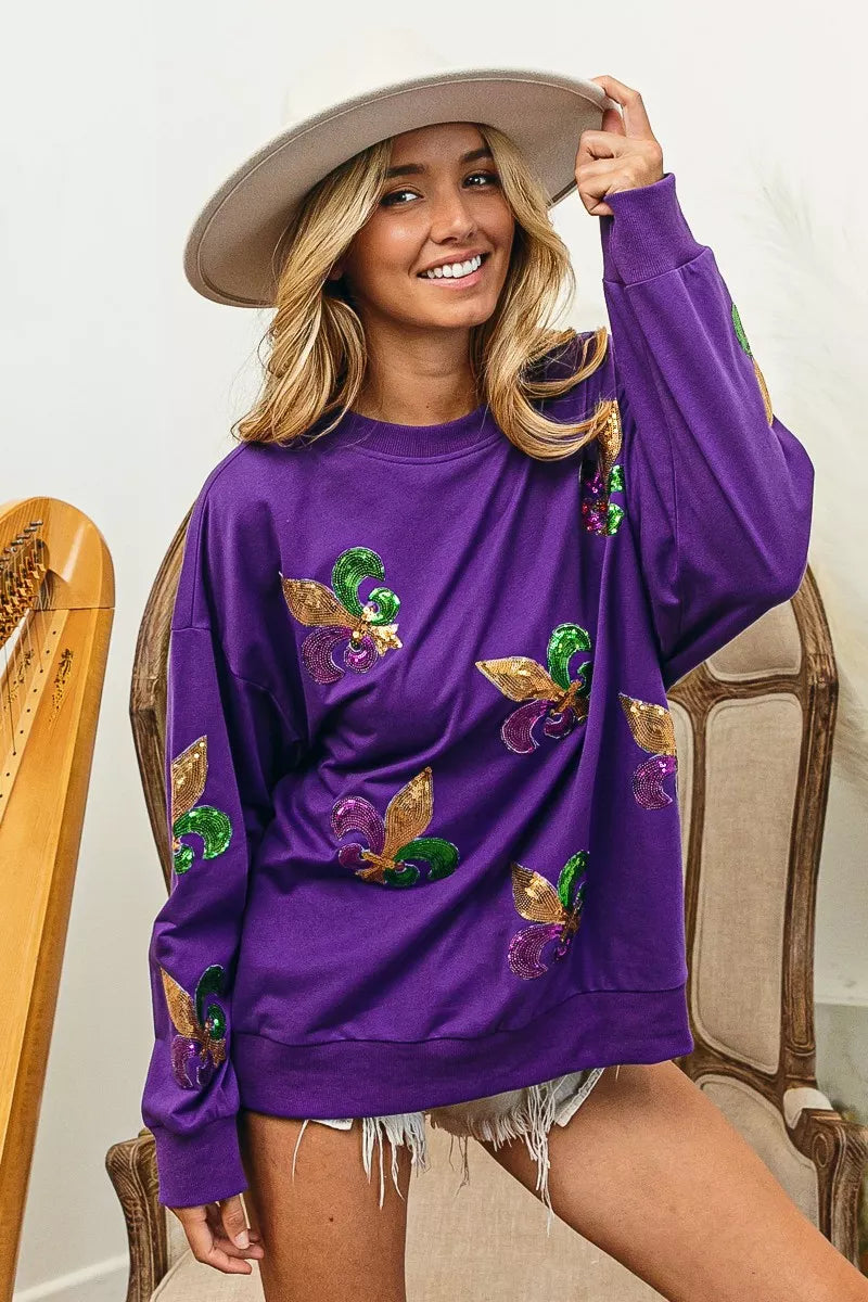 Fleur De Lis Sequin Patches Mardi Gras Sweatshirt