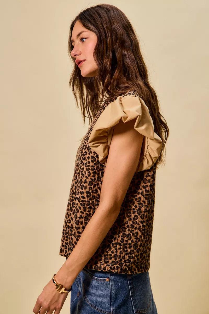 Leopard Pointelle Knit Top with Puff Sleeves