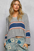 V-Neck Striped Pattern Cropped Knit Top with Cable Knit Detail