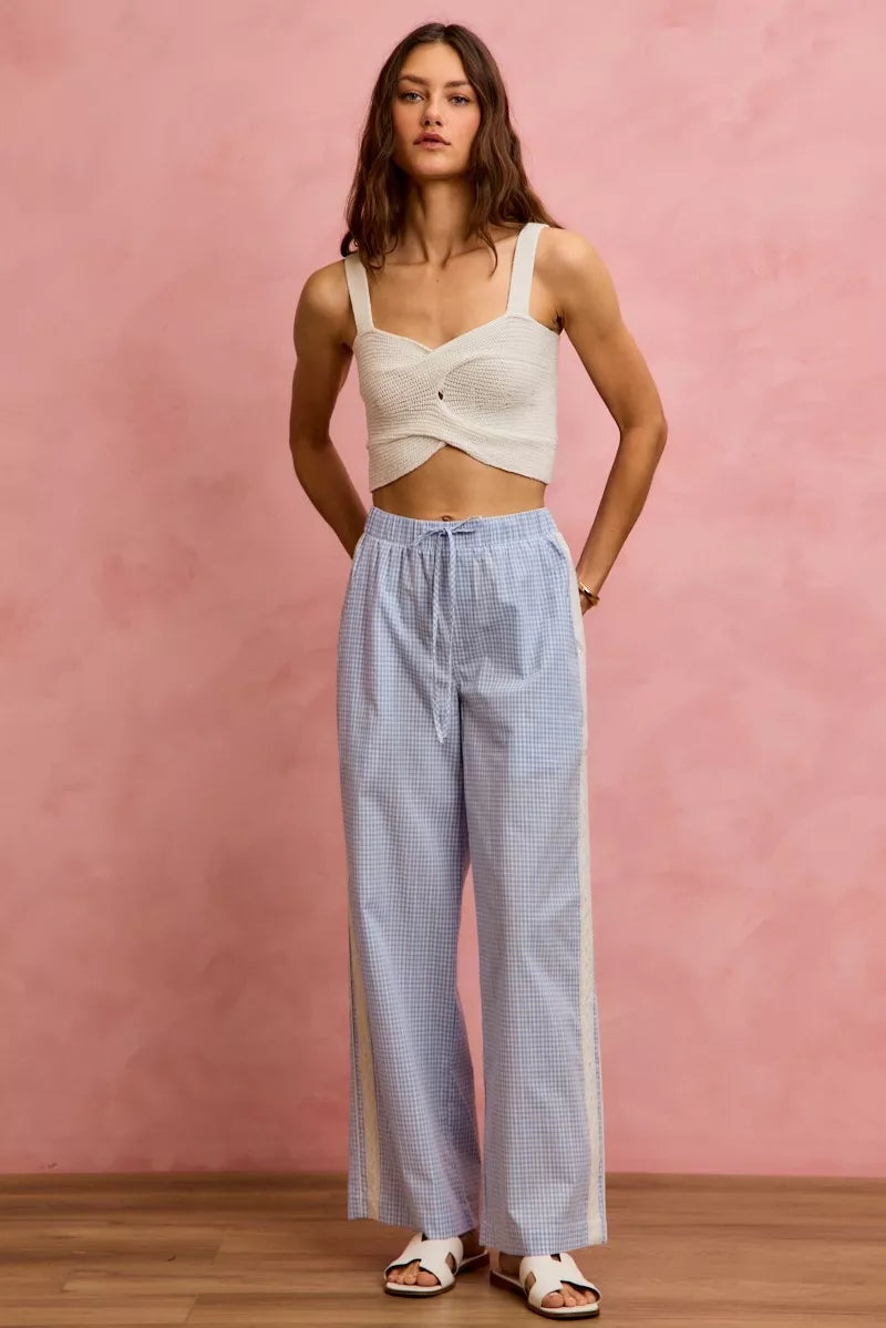 Wide Check Pants With Side Lace Trim And Piping