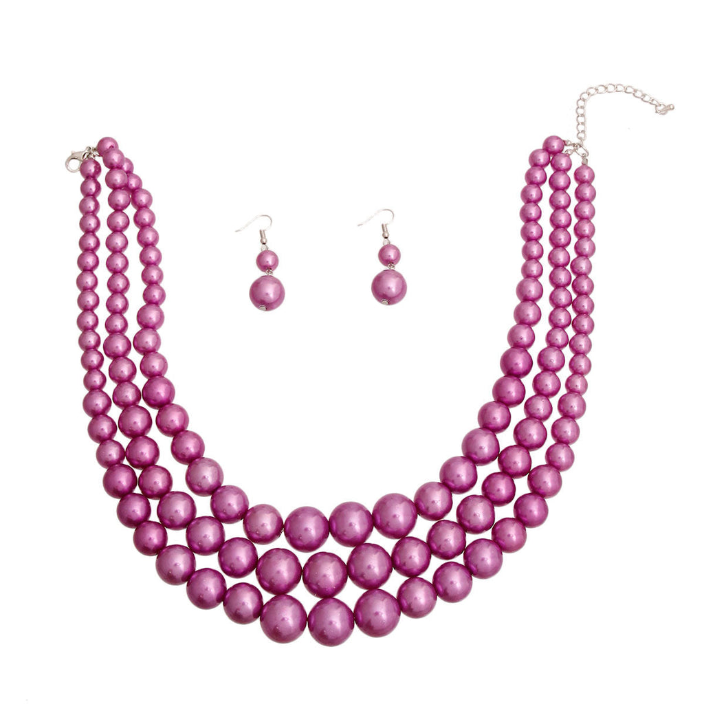 Layered Light Purple Pearl Necklace Set – Stylish 3-Layer Statement Jewelry