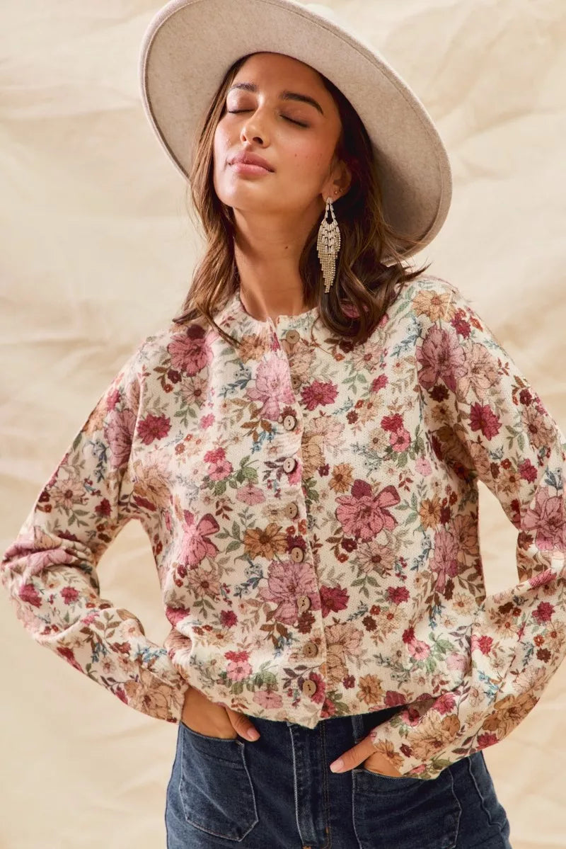 Floral Print Button Front Sweater Cardigan