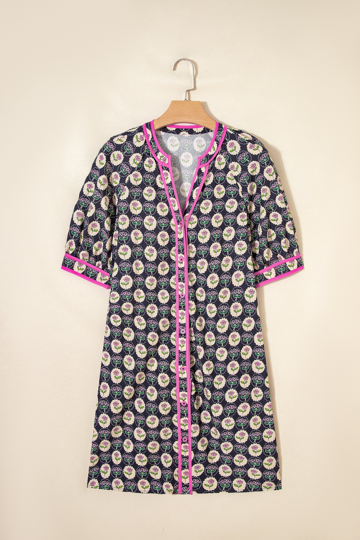 Blue Striped Trim Short Sleeve Vintage Floral Shift Dress