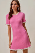 Contrast Ruffled Sweater Knit Mini Dress