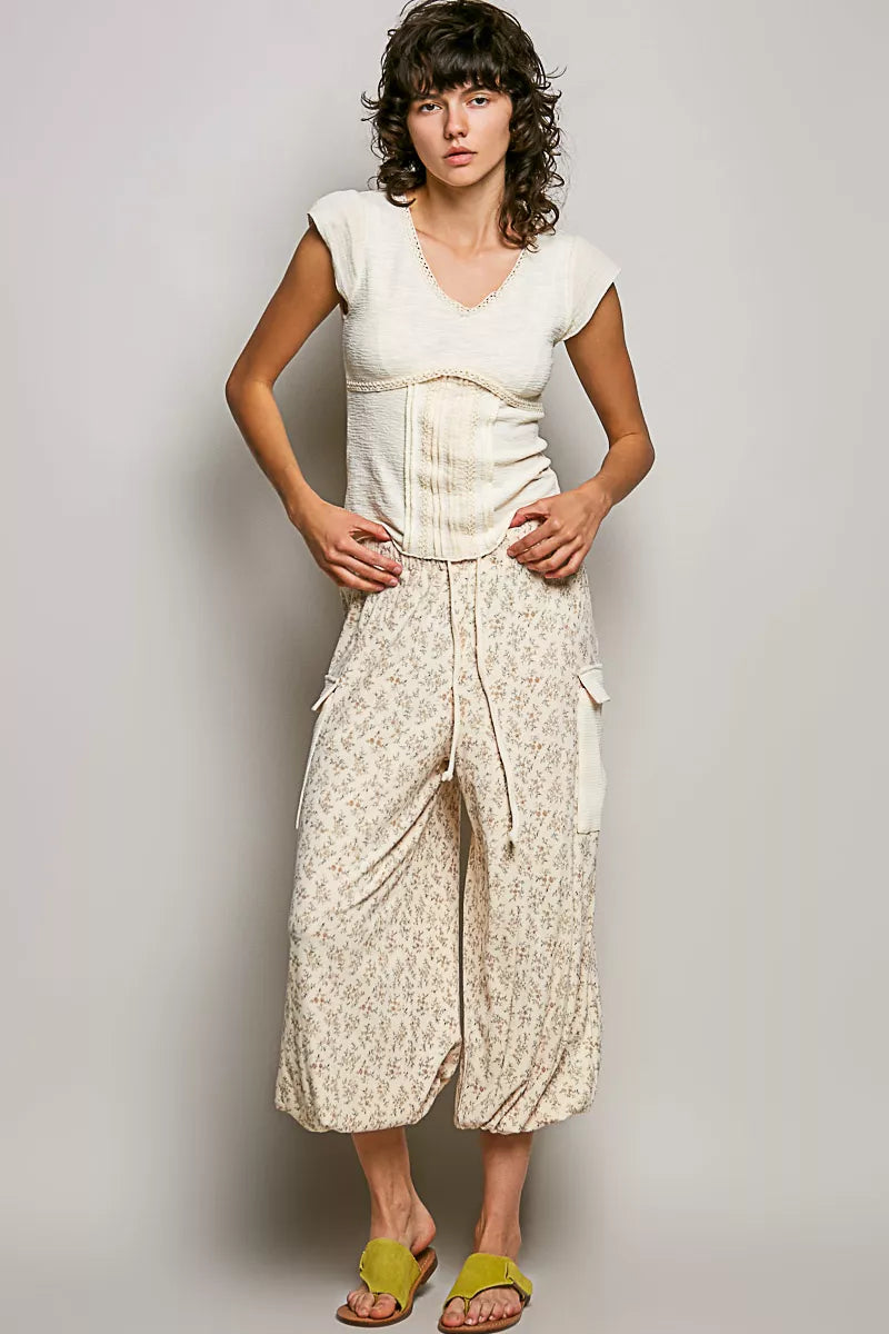 V-Neck Lightweight Textured Short Sleeve Knit Top with Lace Trim