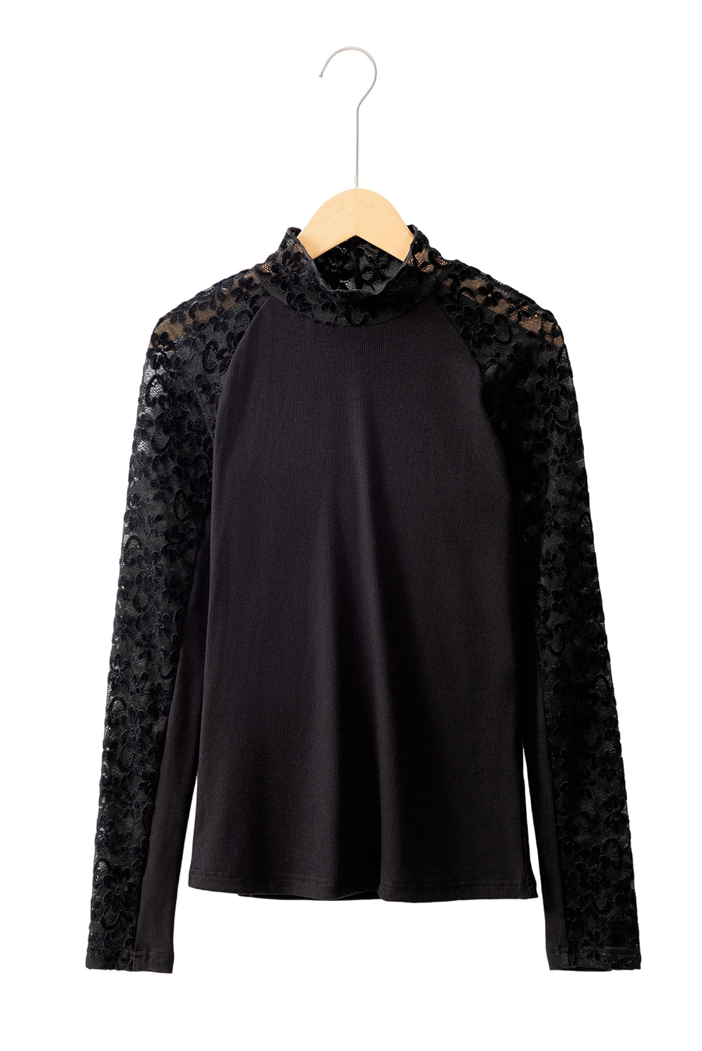 Beige Floral Lace Patchwork Long Sleeve High Neck Slim Top
