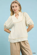 Textured Short Sleeve Top with Contrast Trim