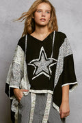 Floral Star Patch Hooded Blouse with Lace Contrast Detail