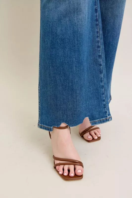 Full Size High Waist Tummy Control Chew Hem Destroy Wide Jeans Plus Size