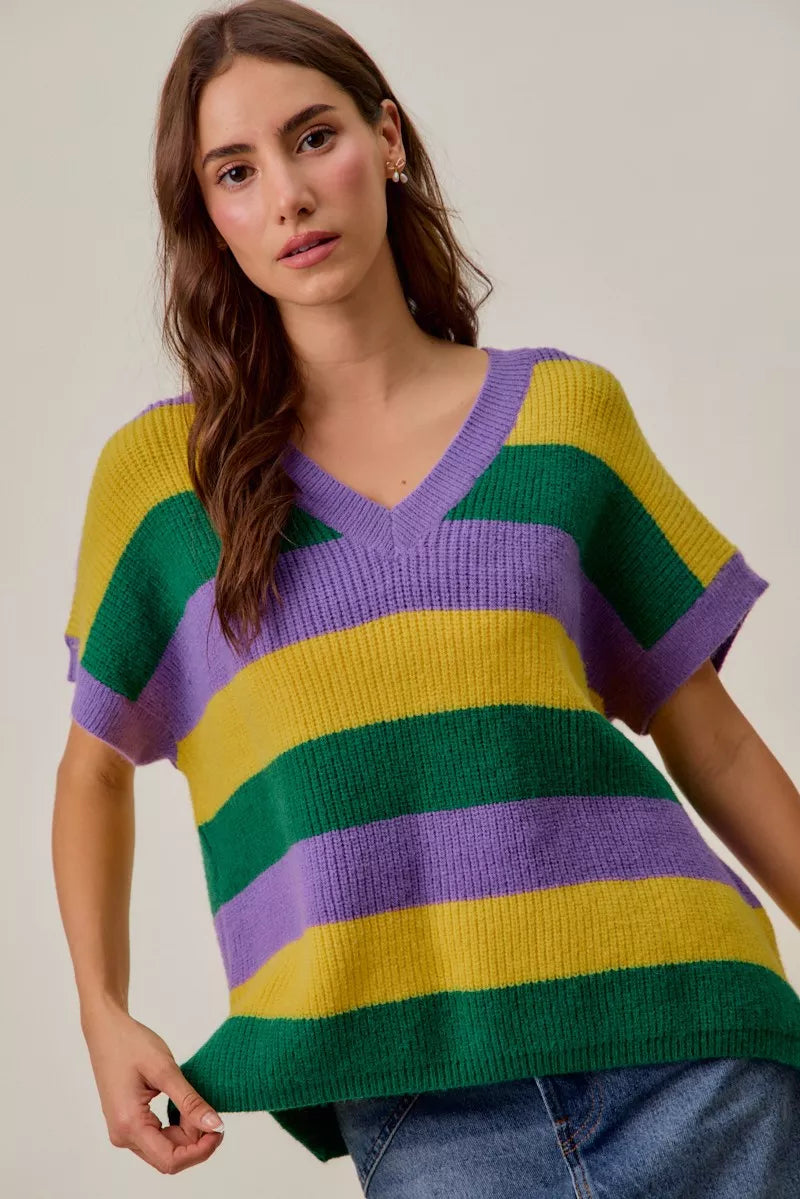 Mardi Gras Loose Fit V Neck Stripe Sweater Top