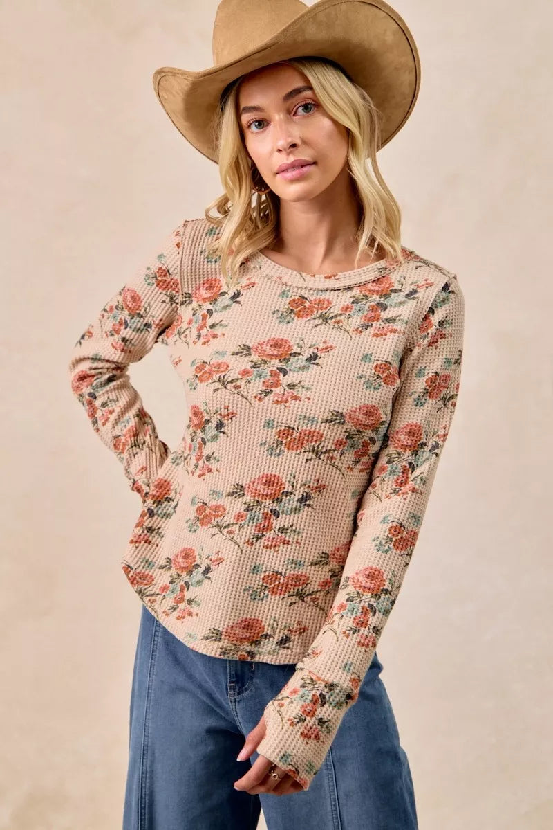 Floral Print Washed Waffle Thermal Top with Thumb
