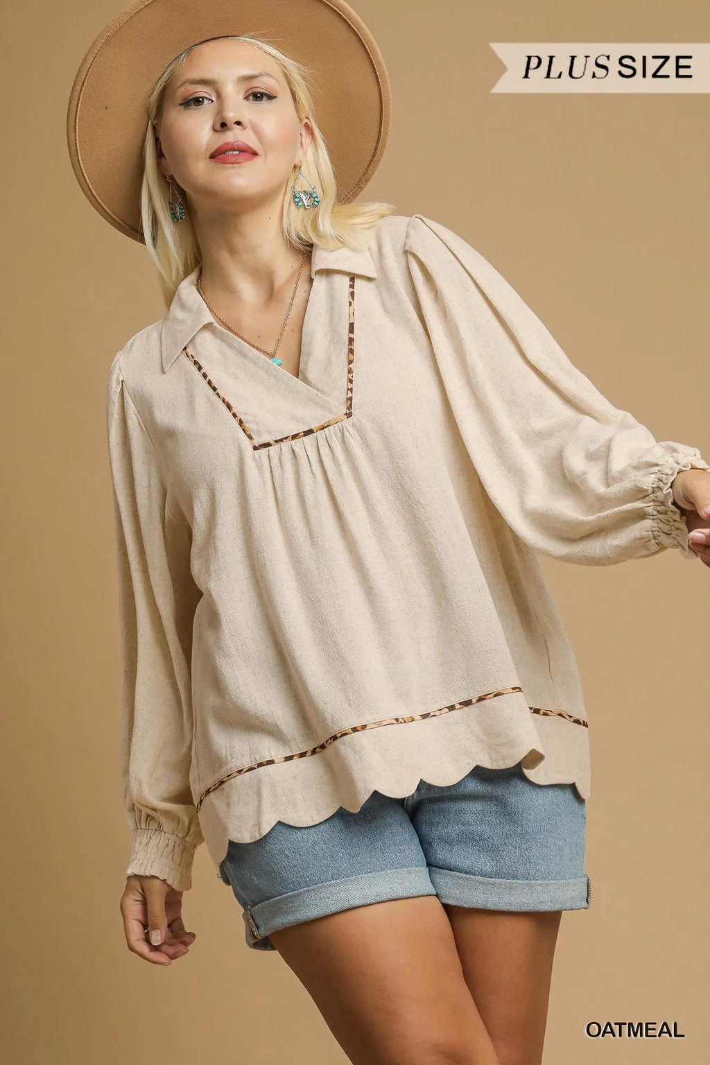 Full Size Linen Scallop Hem Blouse with Contrast Trim Plus Size