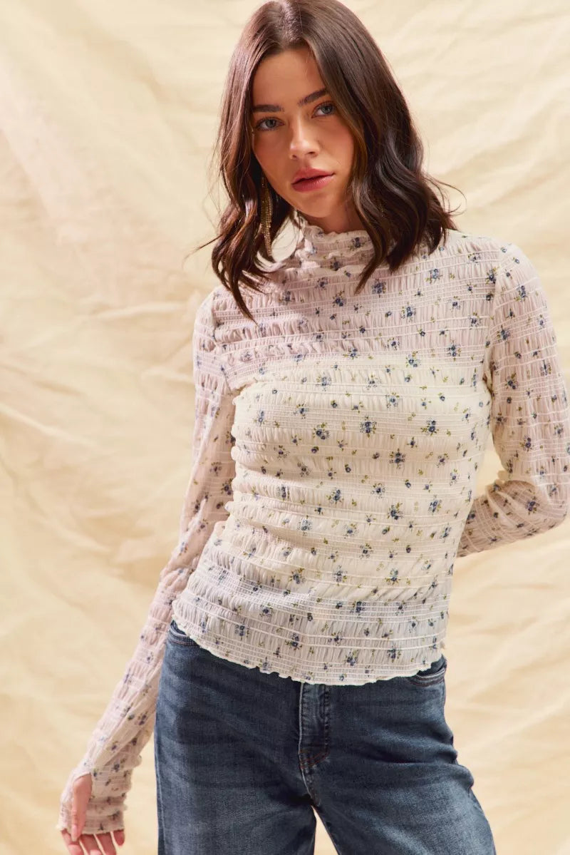 Floral Print Textured Long Sleeve Knit Top