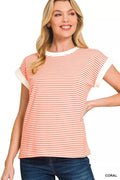 Striped Round Neck Short Sleeve Contrast Trim T-Shirt