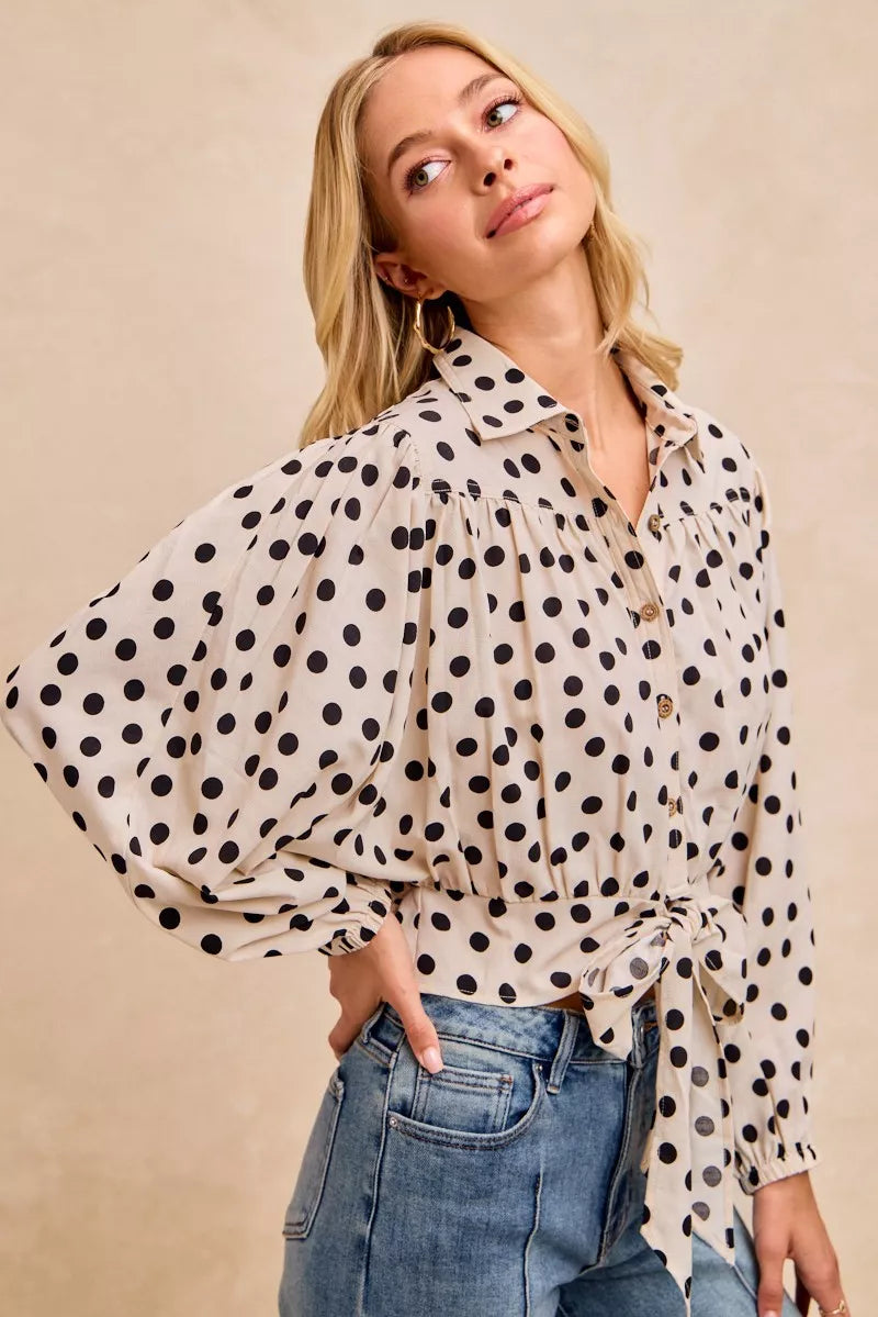 Polka Dot Print Tie Hem Detail Crop Shirt