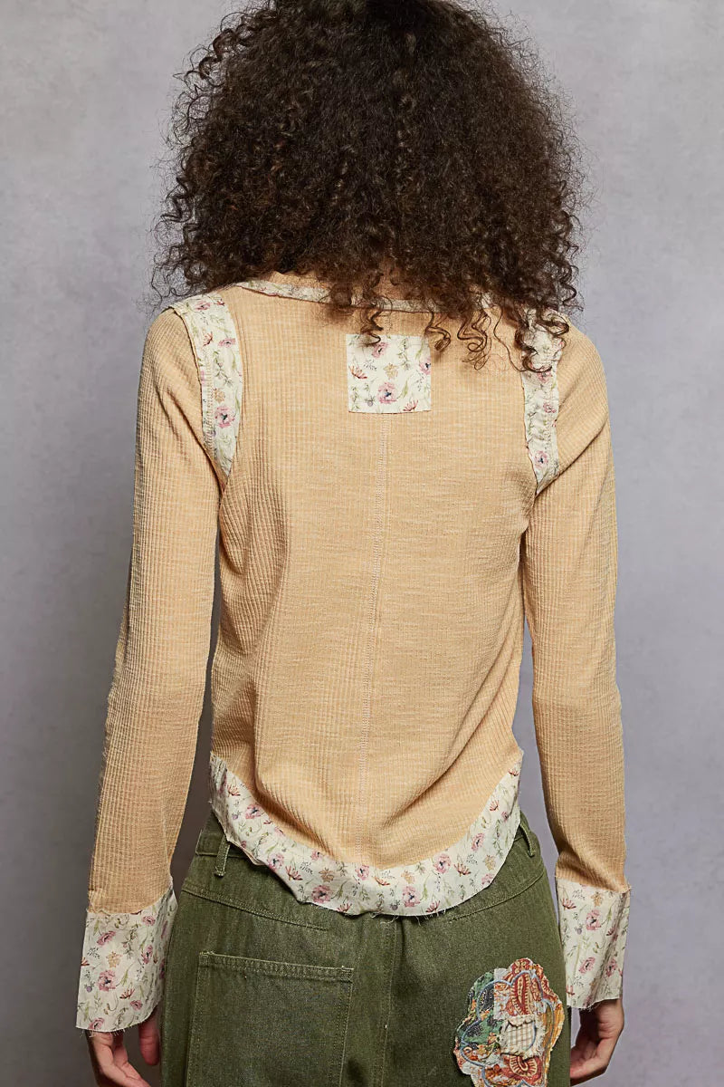 Floral Patch V-Neck Long Sleeve Ribbed Top
