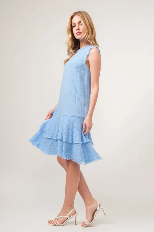 Washed Fringe Detail Tiered Dress