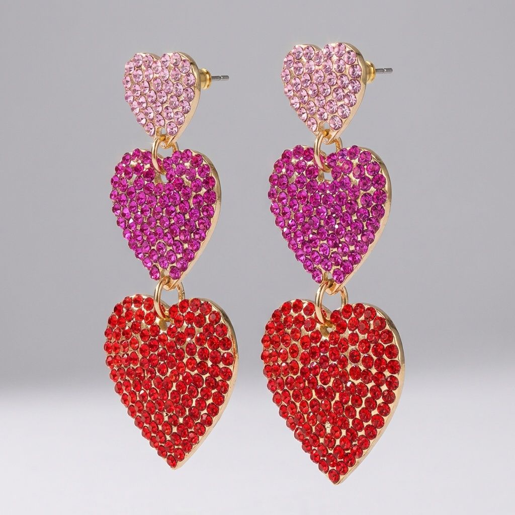 Statement Dangle Earrings Triple Heart Multicolor Rhinestone Stylish Chic