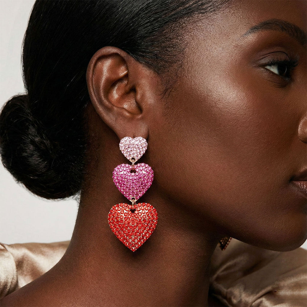 Statement Dangle Earrings Triple Heart Multicolor Rhinestone Stylish Chic