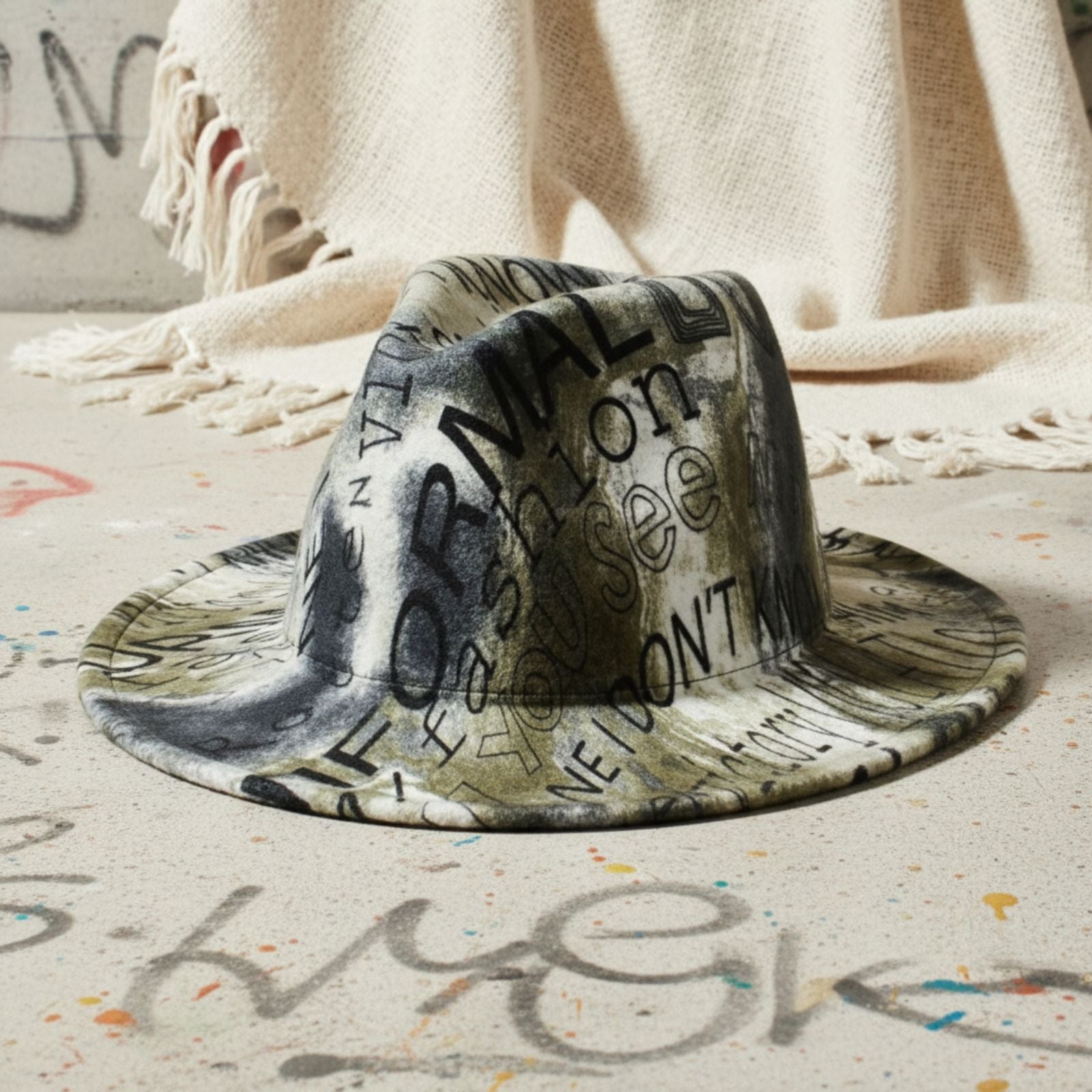Fashion Fedora Hat Olive Green Black Tie Dye Graffiti Trendy Casual Accessory