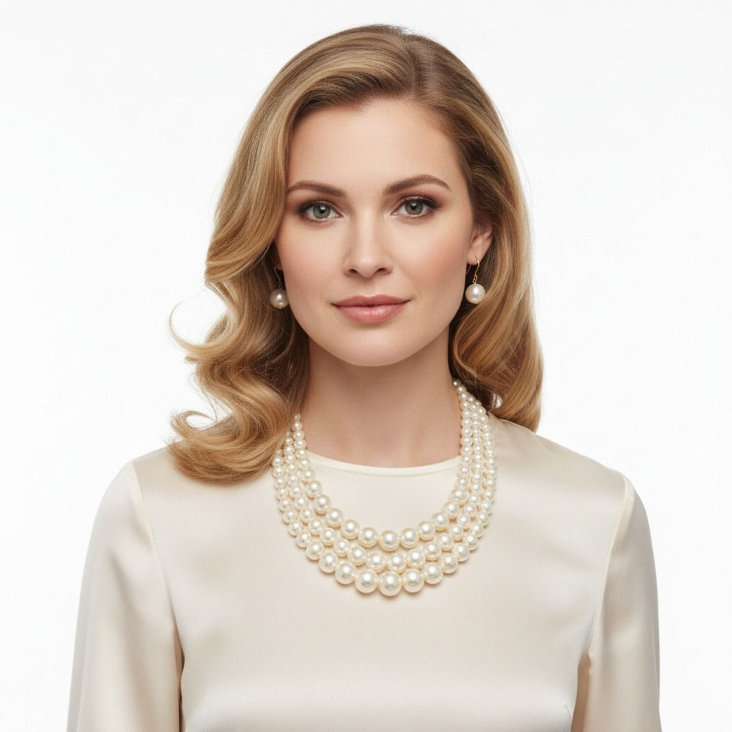Layered 3-Strand Gold Necklace Set with Cream Pearl - Stylish Elegant Statement Jewelry
