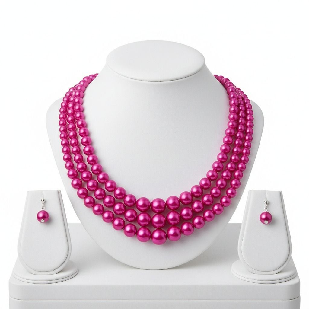 Multi Strand Fuschia Pearl Statement Necklace Set Stylish Chic Jewelry