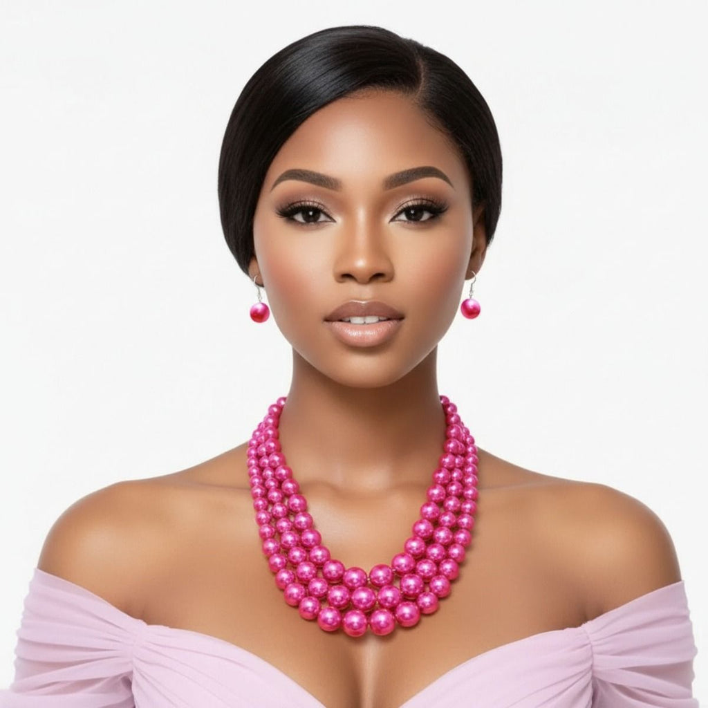 Multi Strand Fuschia Pearl Statement Necklace Set Stylish Chic Jewelry