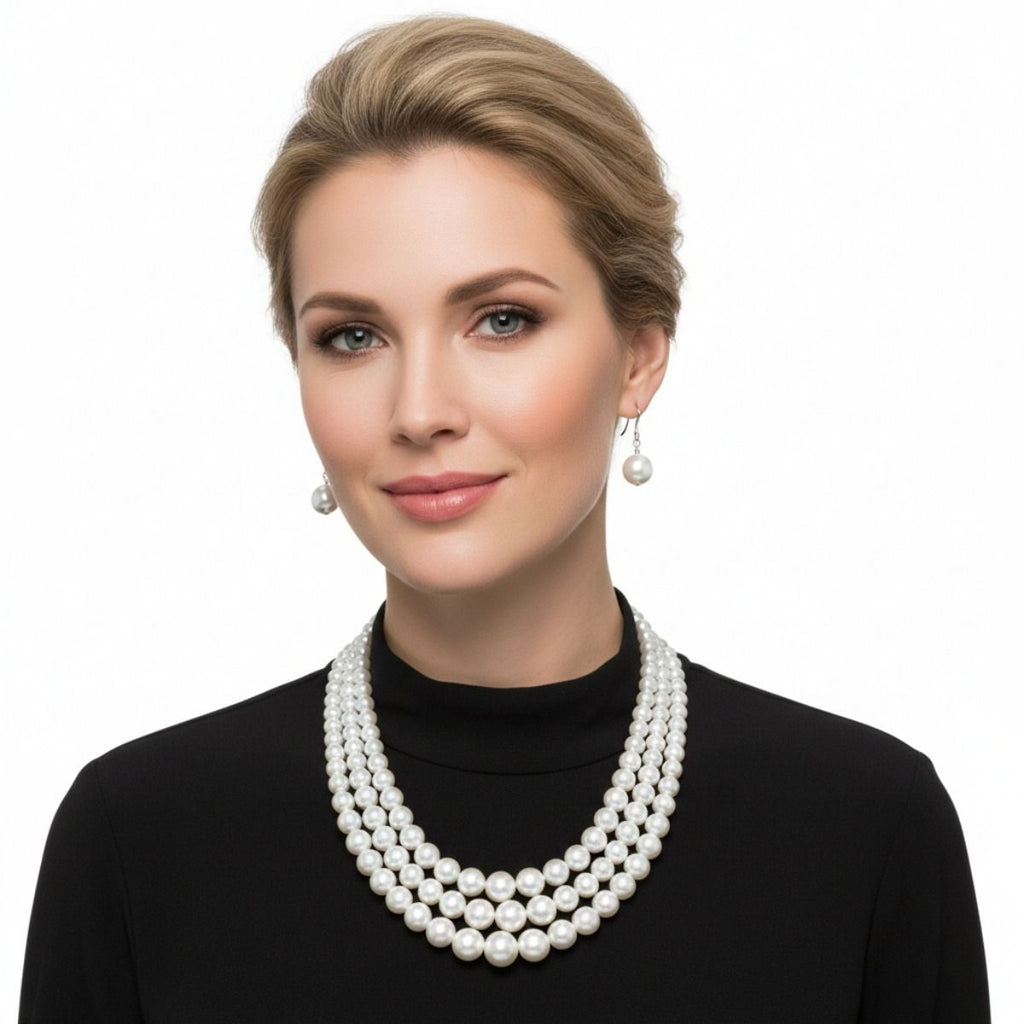 3-Strand White Pearl Layered Necklace Set Rhodium-Plated Elegant Chic Jewelry