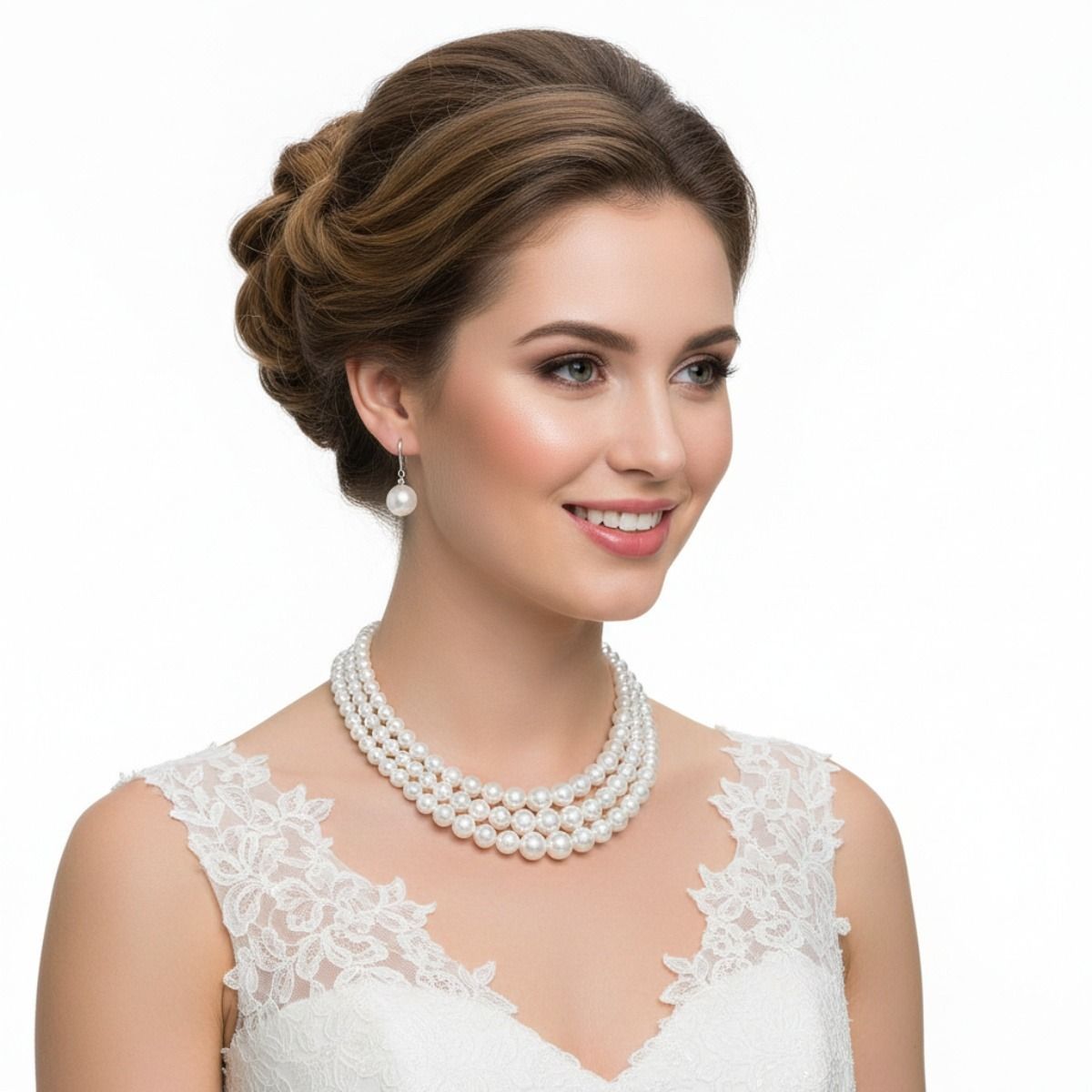 3-Strand White Pearl Layered Necklace Set Rhodium-Plated Elegant Chic Jewelry