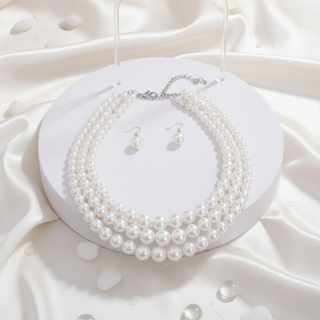3-Strand White Pearl Layered Necklace Set Rhodium-Plated Elegant Chic Jewelry
